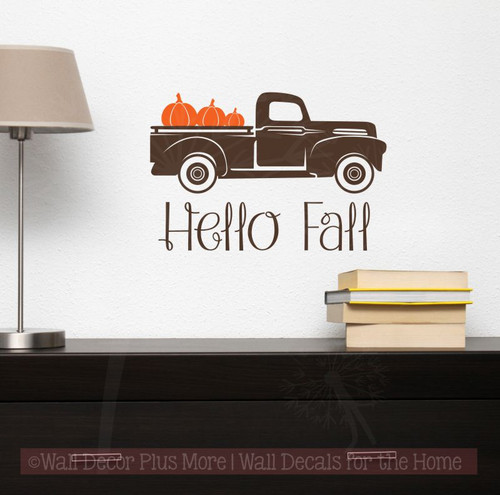 Vintage Pickup Pumpkins Fall Home Decor Vinyl Art Sticker Wall Decals-Chocolate Brown, Orange