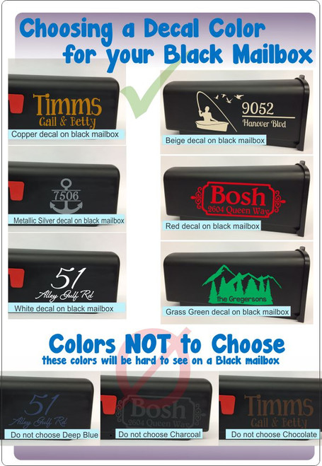 Mailbox Address Stickers Hand-drawn Bracket Frame Number Decals — Decals in various colors displayed on a black mailbox