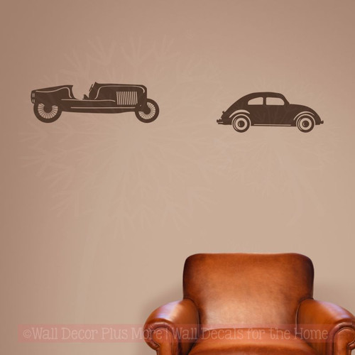 2 Vintage Cars Vinyl Art Decals Antique Farmhouse Decor Wall Stickers-Chocolate Brown