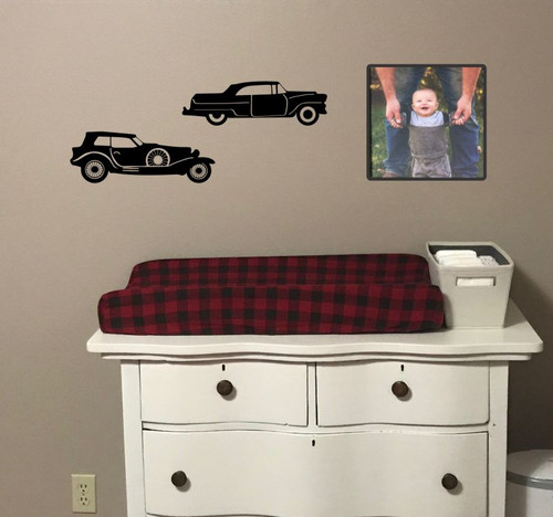 2 Old Cars Wall Art Stickers Rustic Vintage Farmhouse Style Decor Decals — Black car wall decals above a changing table with