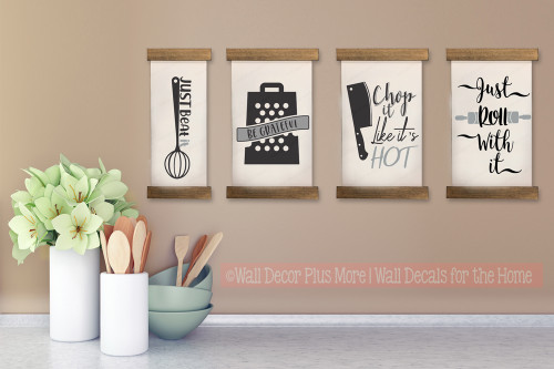 Wood and Canvas Wall Hanging - Farmhouse Style Set of 4 Kitchen Quotes