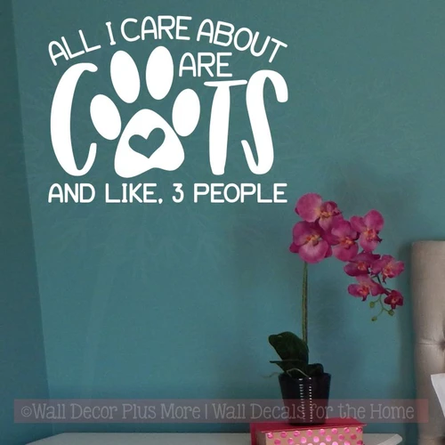 Cat Sayings Decals - Care About Cats, 3 People Pet Quotes Wall Sticker-White