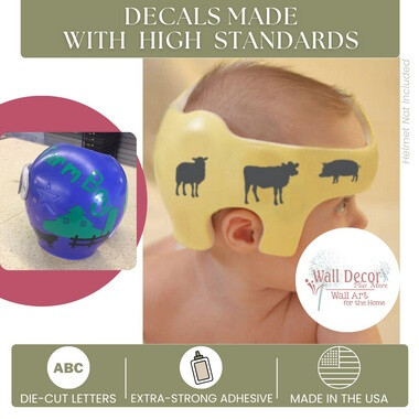 Farm Boy Cranial Helmet Band Decal Sticker Accessories Decor — Round blue helmet with green lettering and cow silhouettes in