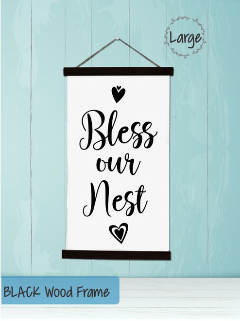 Black Wood & Canvas Wall Hanging, Bless Our Nest Farmhouse Wall Art Sign Large