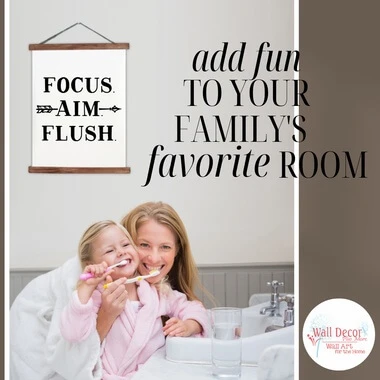 Wood & Canvas Wall Hanging Bathroom Wall Art Sign Focus Flush — Fun bathroom wall art with black text on white background,