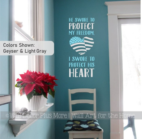 Patriotic Wall Decor Sticker Decal Protect Freedom Heart Military Quote-Geyser Blue, Light Gray