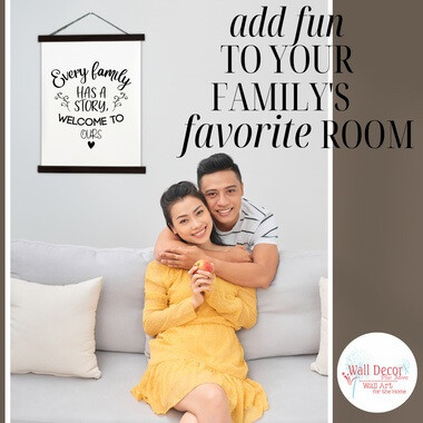Wood & Canvas Wall Decor Hanging Every Family Has a Story Wall Art Sign — Framed wall art with text on a white background,
