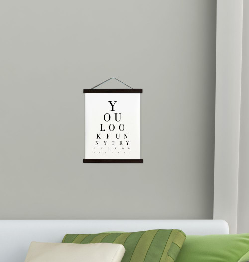 Wood & Canvas Wall Hanging Bathroom Eye Vision Chart Hidden Message BLACK Frame Small