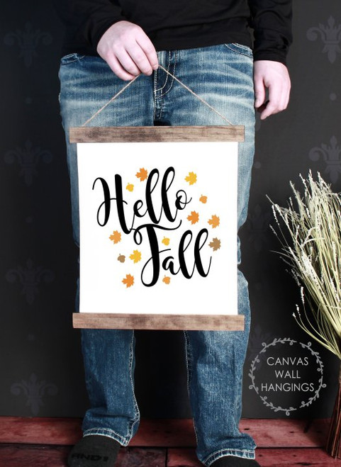 Wood Canvas Wall Hanging Decor Sign Hello Fall Art Autumn Leaves Small