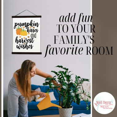 Wood Canvas Wall Hanging Fall Art Decor Sign Pumpkin Harvest Wishes — Framed wall art with pumpkin design above a person