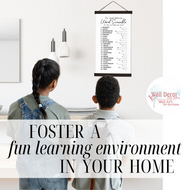 Wood Canvas Wall Hanging Word Scramble Fun Bathroom Wall Sign Decor Art — Hanging educational wall decor with a list of