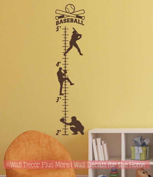Boys Height Ruler Growth Chart Decal Sticker Baseball Player Silhouette-Chocolate Brown
