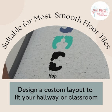 Sensory Path Floor Vinyl Decal Stickers Daycare School Hallway Feet Hop — Colorful footstep decals on a smooth floor,