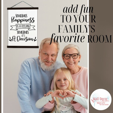 Wood Canvas Wall Hanging Happiness Quote Decision Feeling Sign Decor Art — Framed wall art with black text on a white