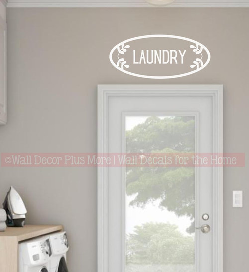 Laundry Wall Decal Framed Circle Leaf Words for Door Vinyl Art Sticker White