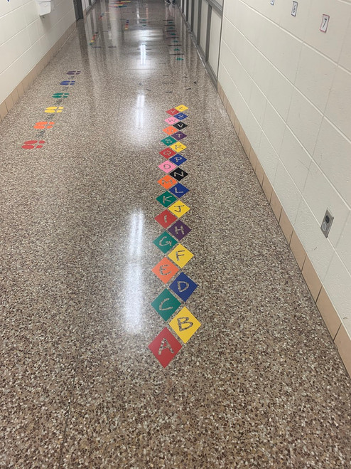 Sensory Path Floor Decals School Hallway Alphabet Letter Skip layout suggestion on floor - Colors used Red Yellow Grass Green Blue Orange