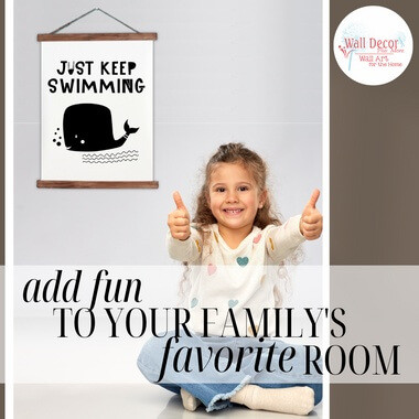Wood Canvas Wall Hanging Keep Swimming Whale Kids Room Decor Sign Art — Child giving thumbs up in front of a whale-themed
