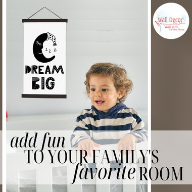 Wood Canvas Wall Hanging Dream Big Sign Moon Kids Room Decor Modern Art — Child-friendly wall art with a black and white