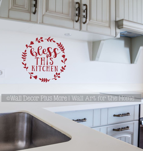 Bless This Kitchen Wall Decal Circle Wreath Fork Art Decor Quote Words-Red