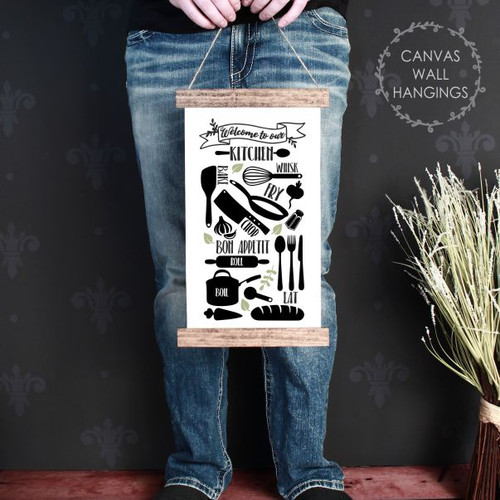 Canvas Wall Hanging with Wood Welcome to Kitchen Whisk Bake Eat Sign Art-9x15