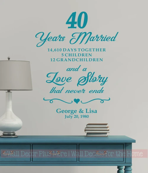 Personalized Wall Decal Sticker 40 Year Married Love Story Quote — Turquoise wall decor on a light-colored wall above a blue