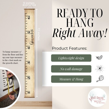 Height Ruler Personalized Child's First Name Canvas Growth Chart 6ft — Ruler-style growth chart in light wood finish against