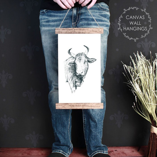 Canvas Wall Hanging Wood Farmhouse Sign Cow Head Farm Line Art 9x15 Inch
