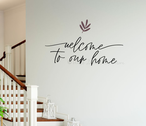 Welcome To Our Home Cursive Wall Words Decal Sticker Leaf Art Wall Decor-Plum, Black