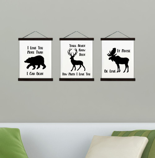 Canvas Wall Hanging Black Wood Deer Moose Bear Woodland Love Art Signs Set/3 12x14.5 each
