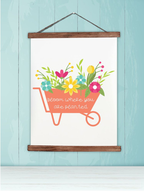 Wood Canvas Wall Hanging Sign Bloom Where Planted Spring Flower Cart Art-19x24