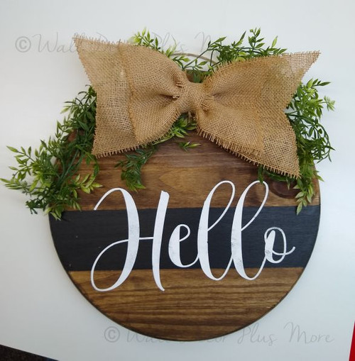 Decal for Round Wood Sign Hello Cursive Art Lettering painted on stained board using stencil