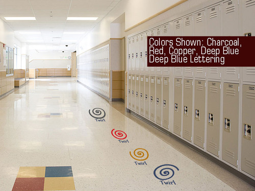 Sensory Path Floor Decal Stickers School Hall Activity Swirl Twirl Spin CharcoalGray Red Copper DeepBlue