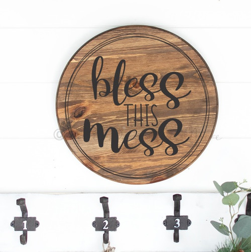 Decal for Circle Wood Sign Bless This Mess Mom Quote Stencil or Sticker-Black on wood sign