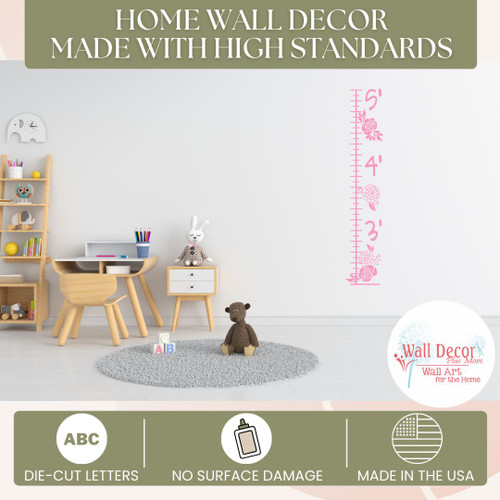 Floral Growth Chart Wall Decal Sticker Girls Height Ruler Decor Art s_pink standards