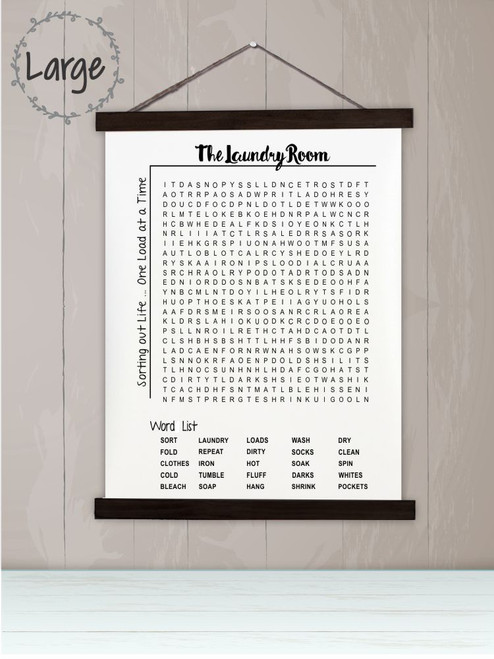 Wood Canvas Wall Hanging Sign Laundry Room Decor Word Search Puzzle Art 19x24 inch Black