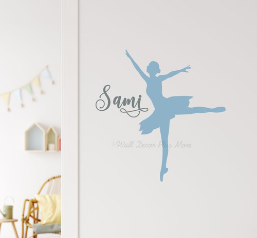 Girls Personalized Ballet Dancer Name Wall Decal Art Sticker Room Decor Misty Blue and Storm Gray