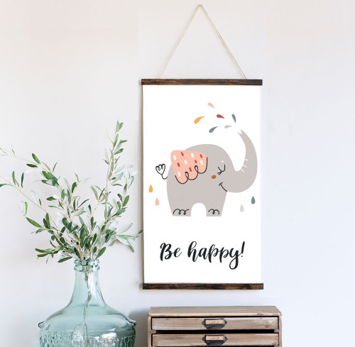 Wood Canvas Wall Hanging Be Happy Cute Elephant Kids Room Decor Sign 15x26