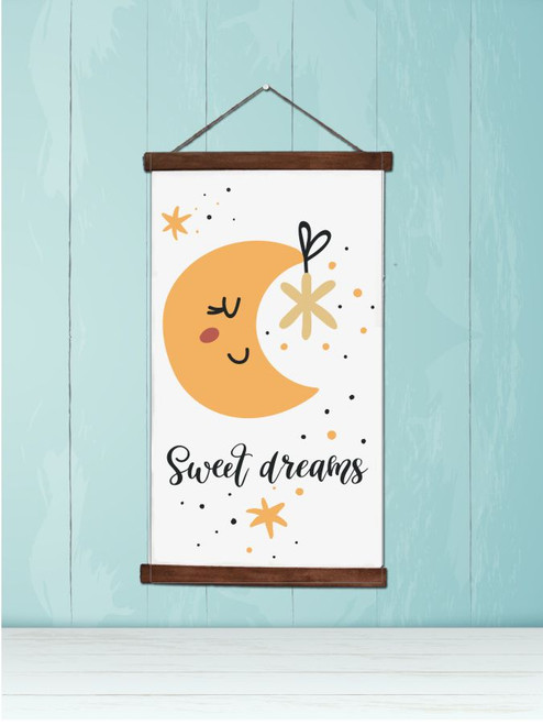 Wood Canvas Wall Hanging Sign Sweet Dreams Moon Stars Kids Nursery Art 15x26