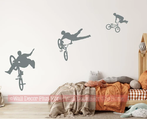 BMX Biker Silhouette Wall Decal Sticker Boys Room Decor Storm Gray
