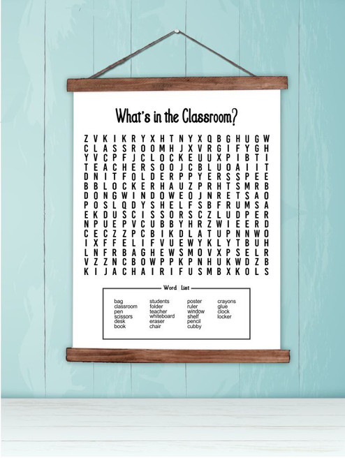 Wood, Canvas Sign Whats In Classroom Word Search Wall Hanging-19x24 inch