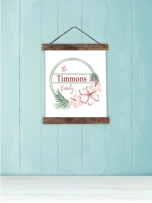 Wood, Canvas Sign Family Name Wall Hanging with Floral, Ferns - 12x14.5