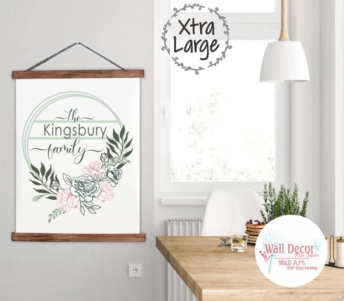 Wood, Canvas Sign Family Name in Greens Floral Wreath Wall Hanging-23x30 inch