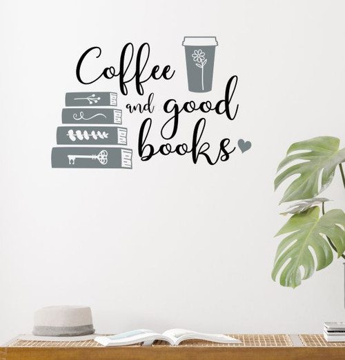 Coffee Good Books Wall Decal Sticker Vinyl Lettering Quote for Decor Blk, StGray