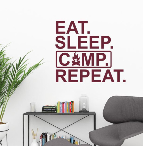 Eat Sleep Camp Repeat RV Travel Trailer Decor Sticker Burgundy