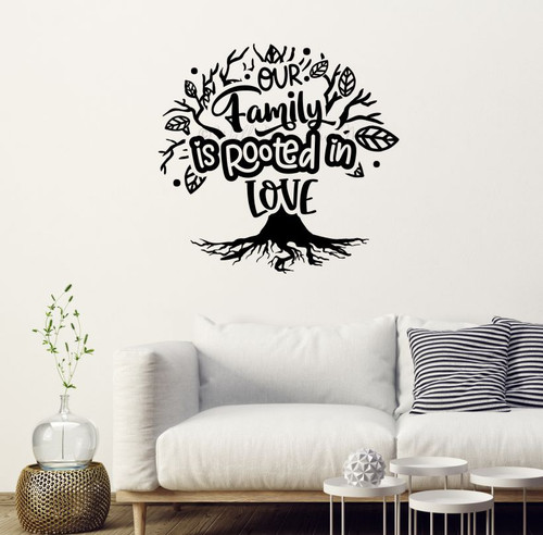 Our Family Rooted In Love Wall Decal with Tree Roots Art Vinyl Sticker Black