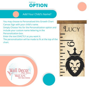 Lion Canvas Growth Chart Sign 6ft Height Ruler Tracker — Wooden growth chart with lion design, crown detail, and