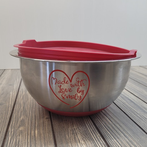 Custom Name Made with Love Decals - Personalize Your Kitchen Bowls Red on Silver Bowl
