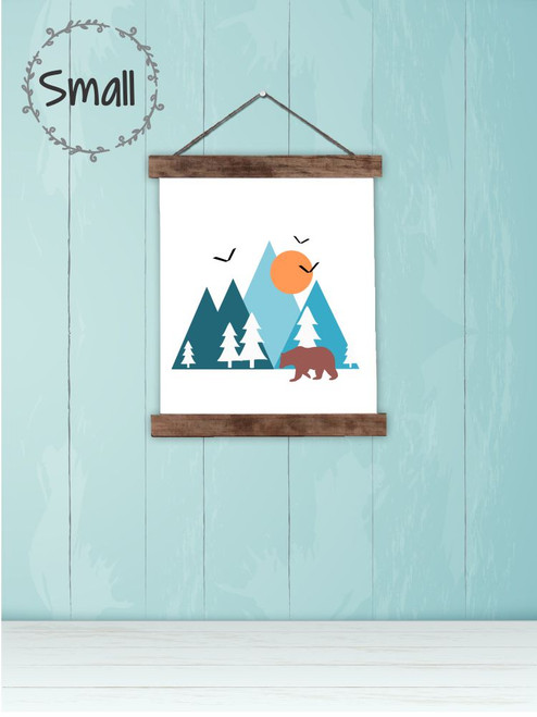 Mountain Bear Trees Canvas Print Sign Wall Art for Woodland Boys Decor Walnut Wood Small