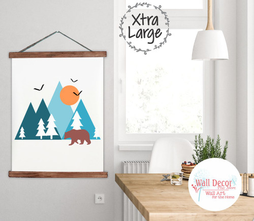 Mountain Bear Trees Canvas Print Sign Wall Art for Woodland Boys Decor Walnut Wood Xlarge