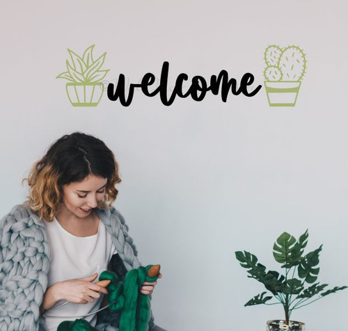 Plant Art Entryway Wall Sticker Cursive Welcome Lettering Wall Decal Black Olive